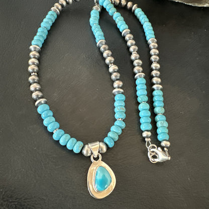 WoMens Blue Kingman Turquoise Pendant Navajo Sterling Silver Necklace 21" 18936