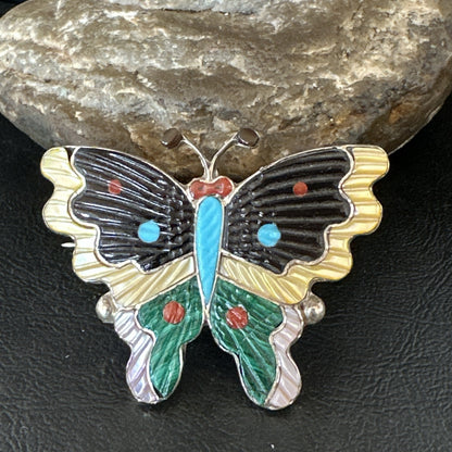 Multicolor Turquoise MOP Onyx Butterfly Sterling Silver Zuni Pin Pendant 18901