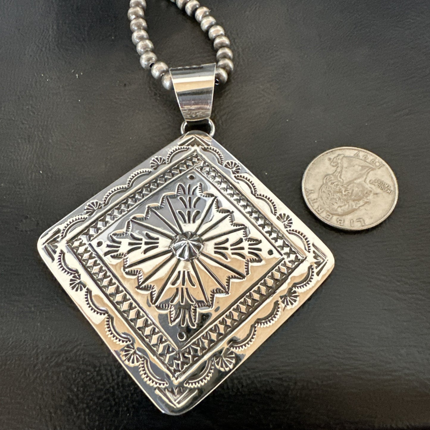 H Joe Handmade Stamped Pendant Navajo Sterling Silver Necklace 3.5" 18980