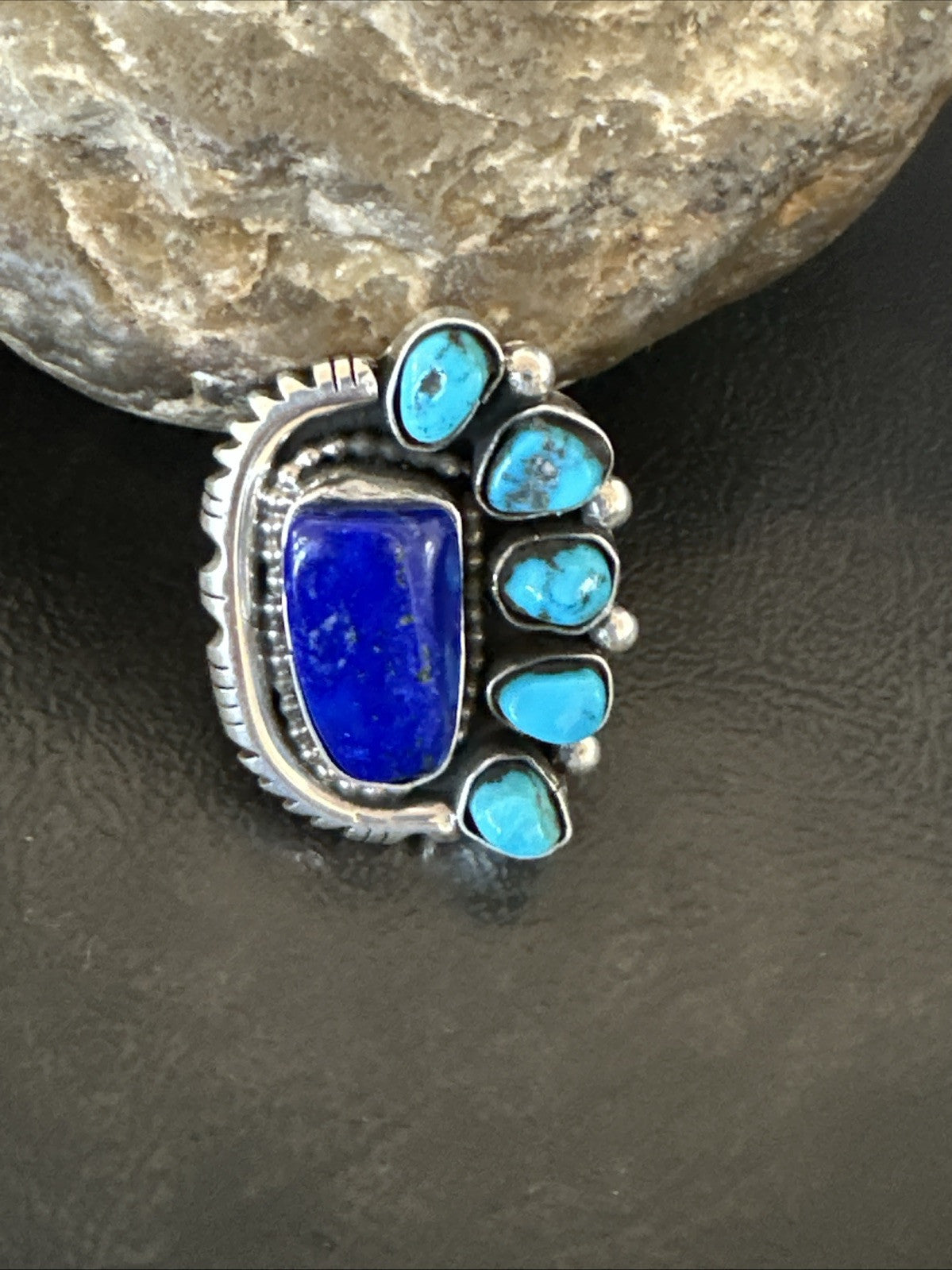 Navajo Cluster Lapis Kingman Turquoise Sterling Silver Ring Sz 8 18883