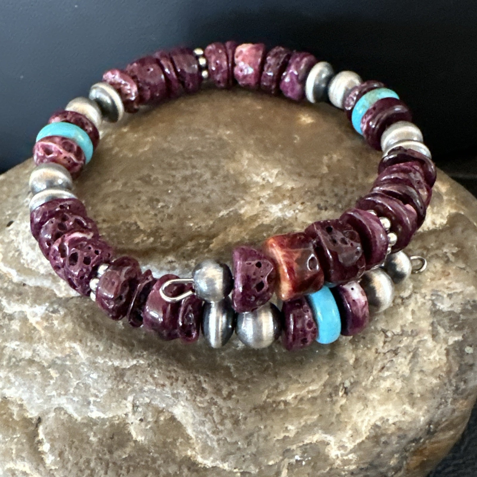 Purple Spiny Turquoise 8mm Wire Bead Wrap Bracelet Navajo Sterling Silver 18902