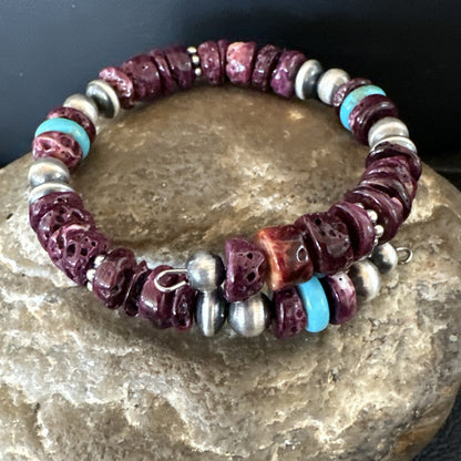 Purple Spiny Turquoise 8mm Wire Bead Wrap Bracelet Navajo Sterling Silver 18902