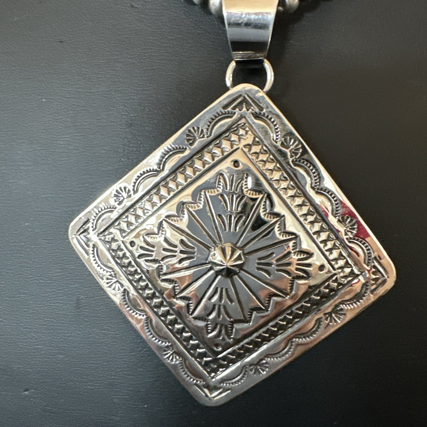 H Joe Handmade Stamped Pendant Navajo Sterling Silver Necklace 3.5" 18980