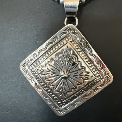 H Joe Handmade Stamped Pendant Navajo Sterling Silver Necklace 3.5" 18980