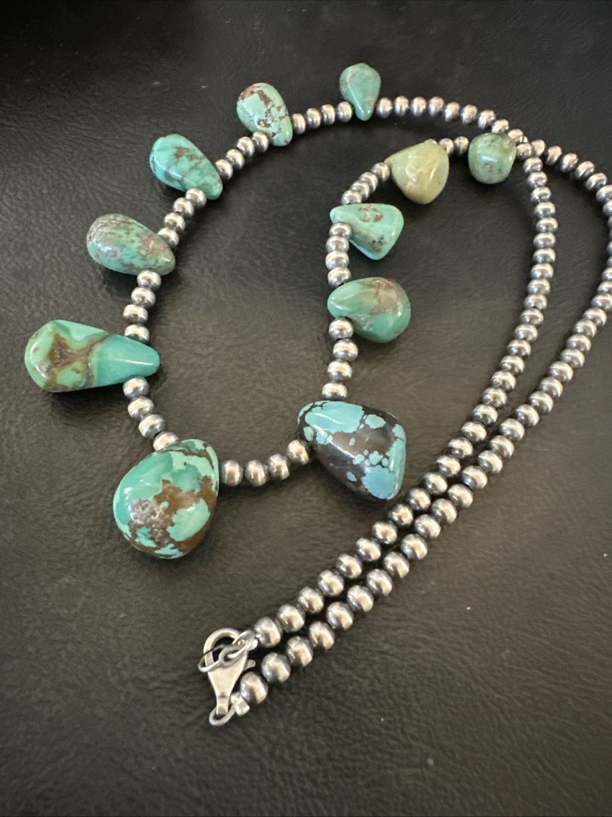 Green Turquoise Teardrop Sterling Silver Beads Necklace 20" 18985
