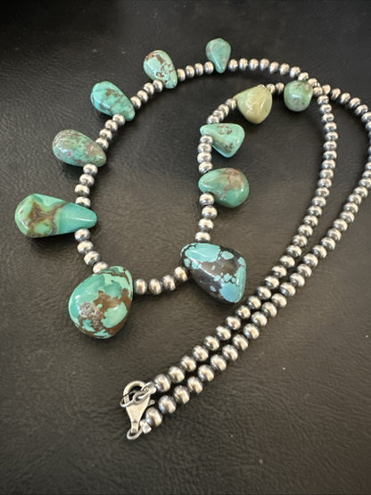Green Turquoise Teardrop Sterling Silver Beads Necklace 20" 18985