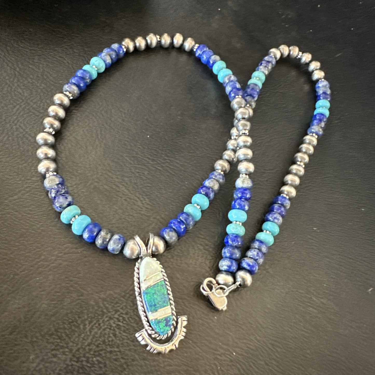 WoMens Opal Inlay Pendant Navajo Sterling Silver Blue Lapis Bead Necklace 18914