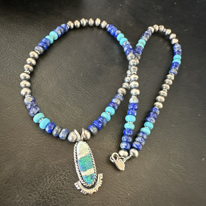 WoMens Opal Inlay Pendant Navajo Sterling Silver Blue Lapis Bead Necklace 18914