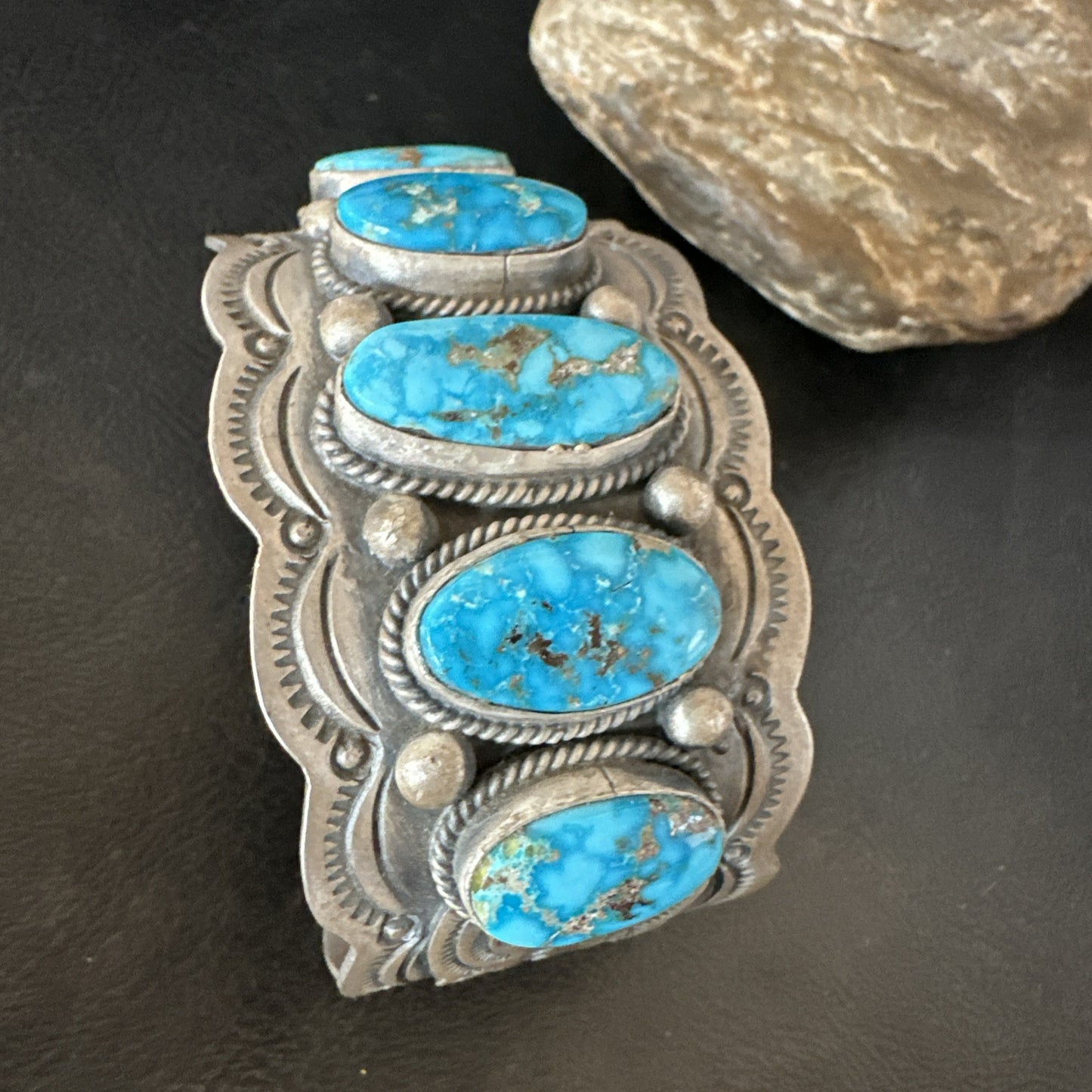 Mens Blue Kingman Turquoise Sterling SIlver Cluster Cuff Bracelet 8.2" 18875