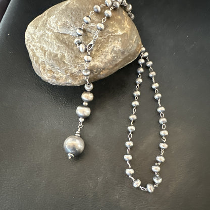 Y Rosary Bead Lariat Navajo Sterling Silver Beads Necklace 6mm 22" 18932