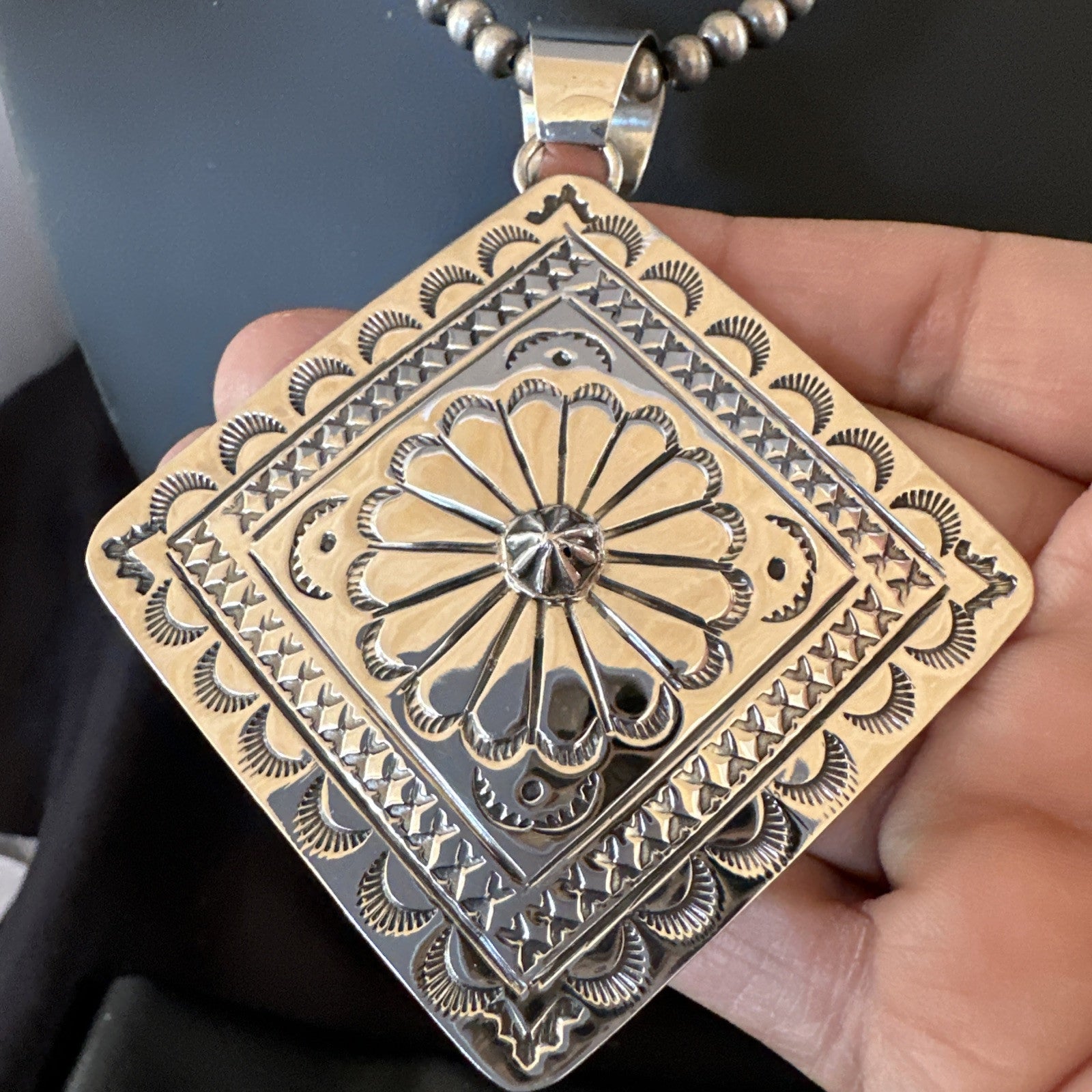 H Joe Handmade Stamped Pendant Navajo Sterling Silver Necklace 3.5" 18982