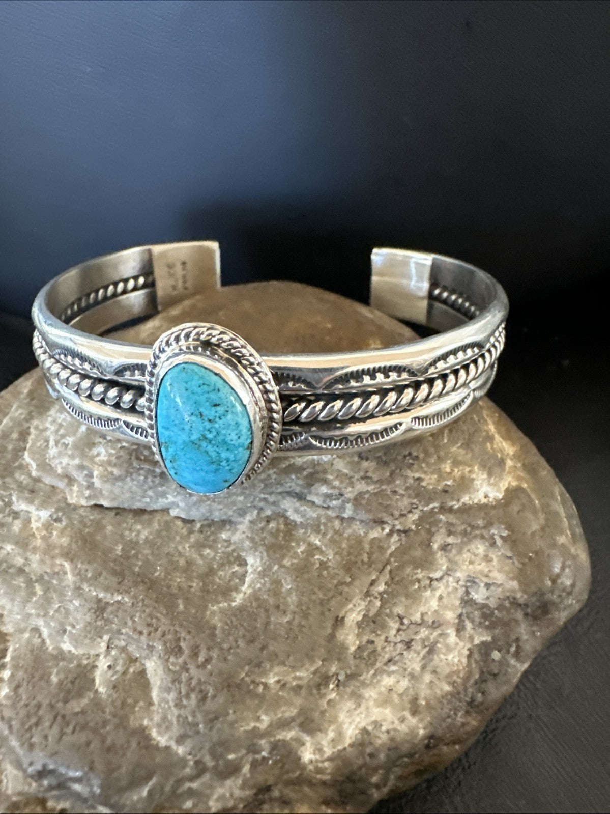 Stamped Blue Kingman Turquoise Sterling SIlver Cuff Bracelet 7.25” 18984