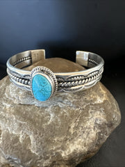 Stamped Blue Kingman Turquoise Cuff Bracelet 7.25" | Sterling Silver | Authentic Native American Handmade | 18984