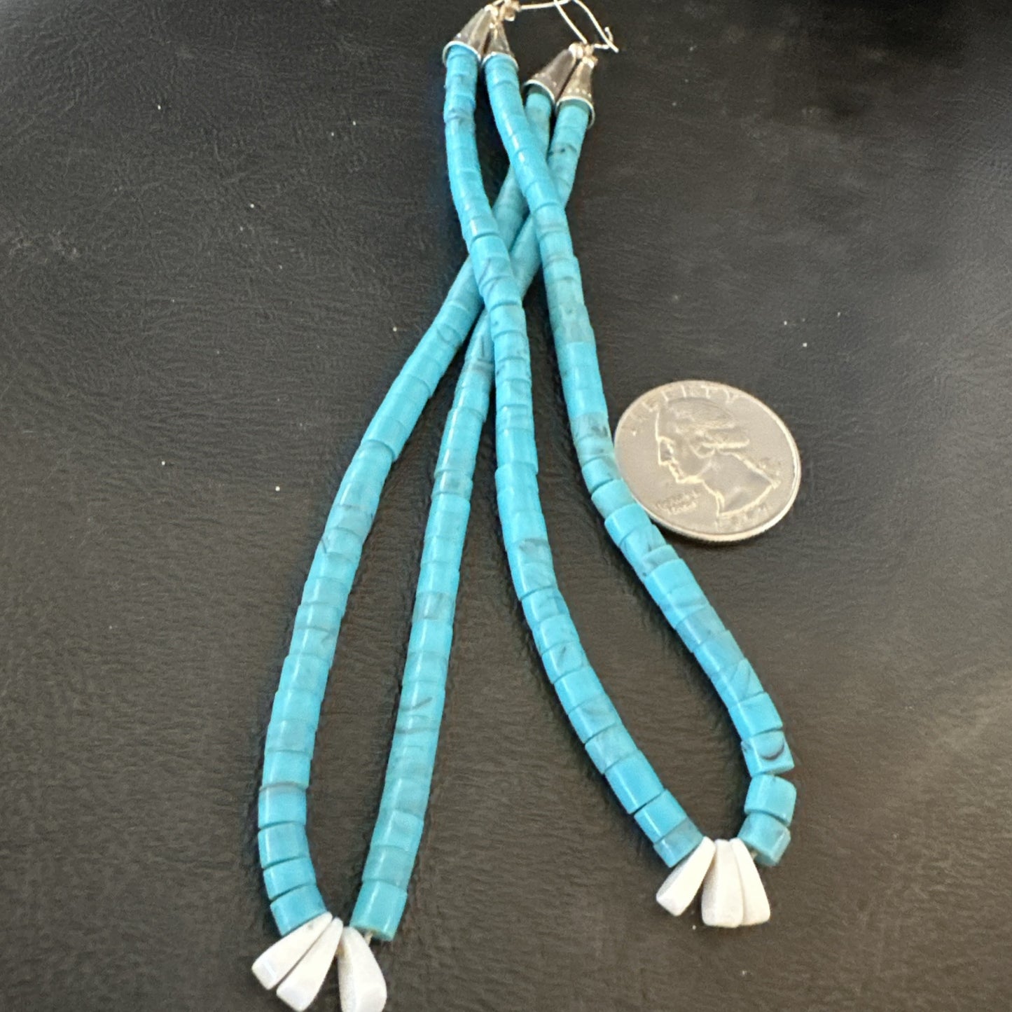Blue Turquoise White Santo Domingo Sterling Silver Dangle Earrings 4” 19314