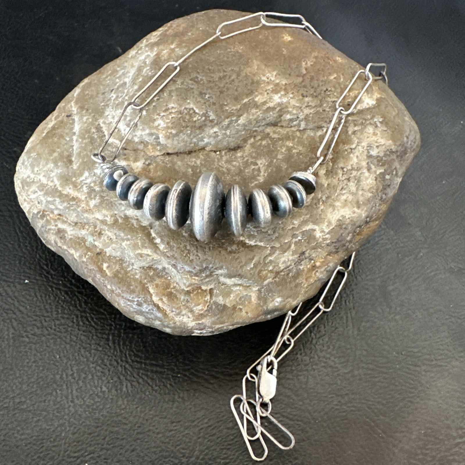 Navajo Rondel Saucer Flat Sterling Silver Beads Chain Necklace 18” 18948