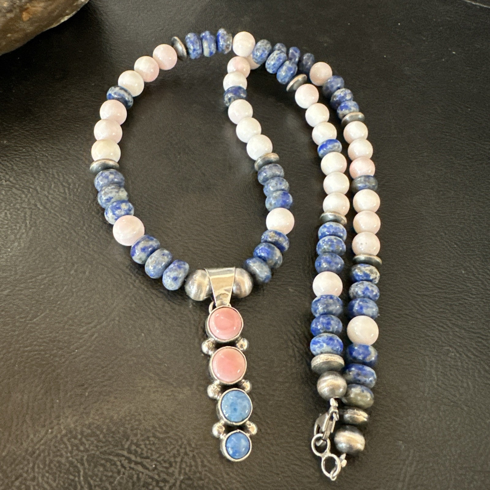 Cluster Pendant Pink Conch Lapis Navajo Pearls Sterling Silver Necklace 18896