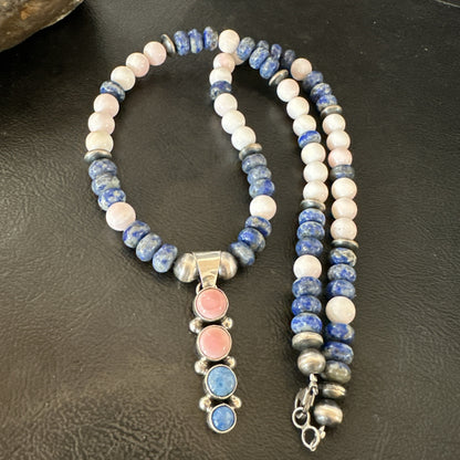 Cluster Pendant Pink Conch Lapis Navajo Pearls Sterling Silver Necklace 18896