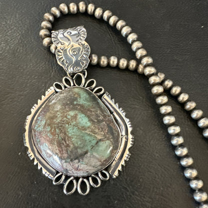 Yazzie Navajo Sterling Silver Blue Rustic Turquoise Necklace Pendant 2.75” 18998