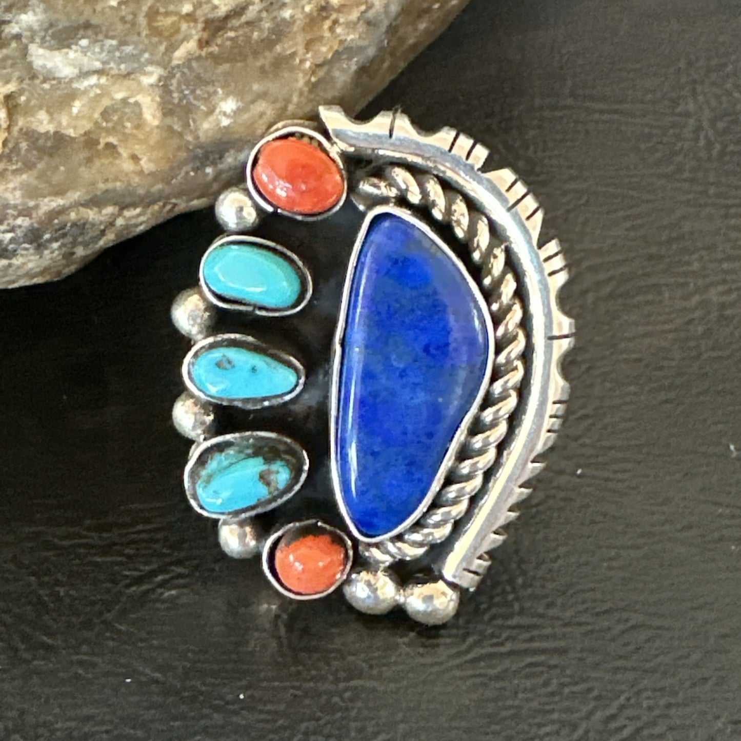 Navajo Cluster Lapis Kingman Turquoise Coral Sterling Silver Ring Sz 8 18882