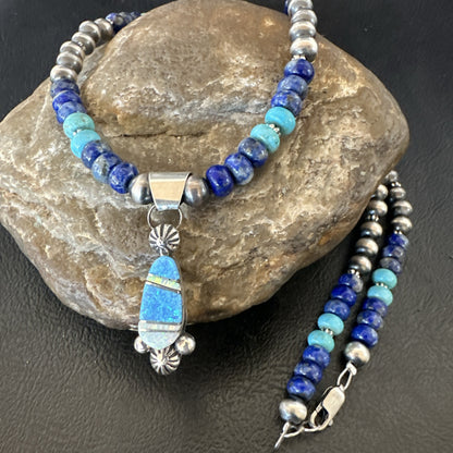 WoMens Opal Inlay Pendant Navajo Sterling Silver Blue Lapis Bead Necklace 18919