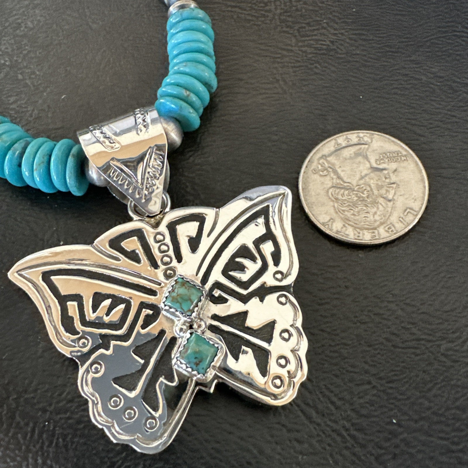 Butterfly Blue Turquoise Pendant Navajo Sterling Silver Necklace 26" 18905