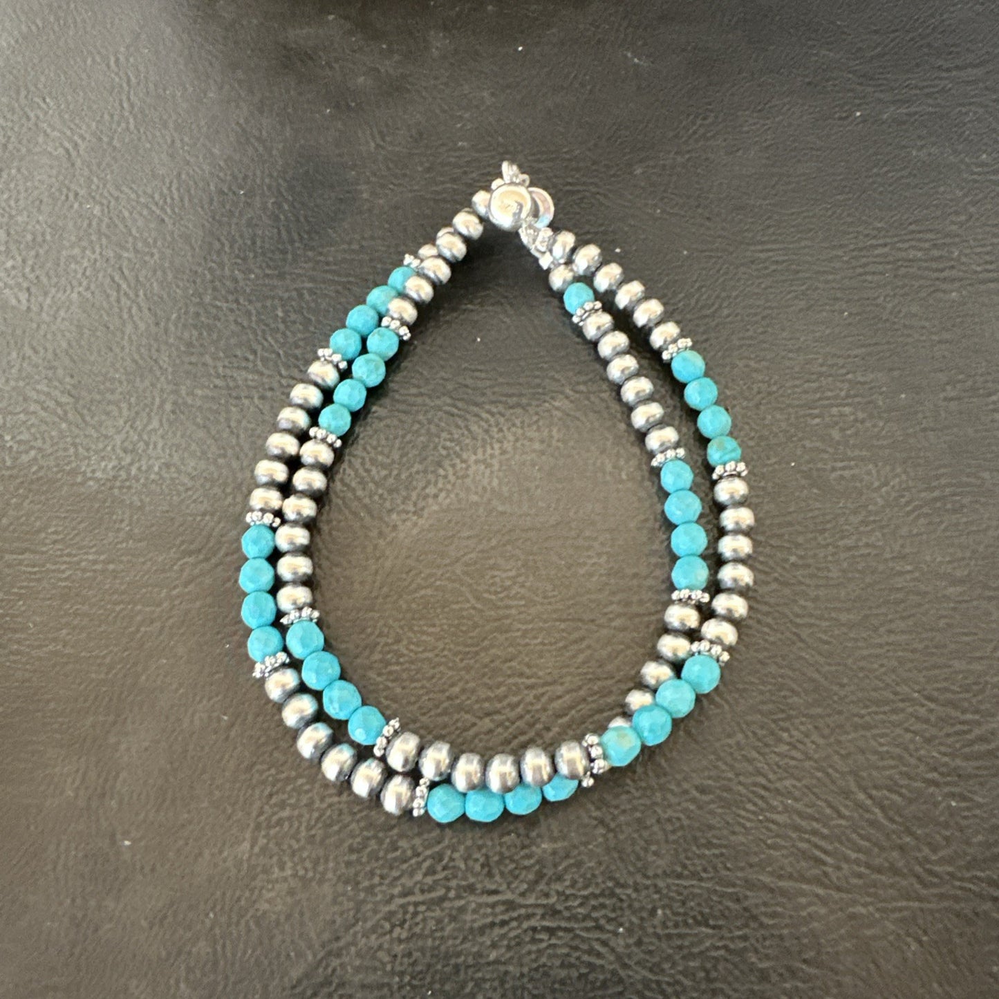 Blue Turquoise Faceted Bead Navajo Sterling Silver Beads Bracelet 7.5" 18999