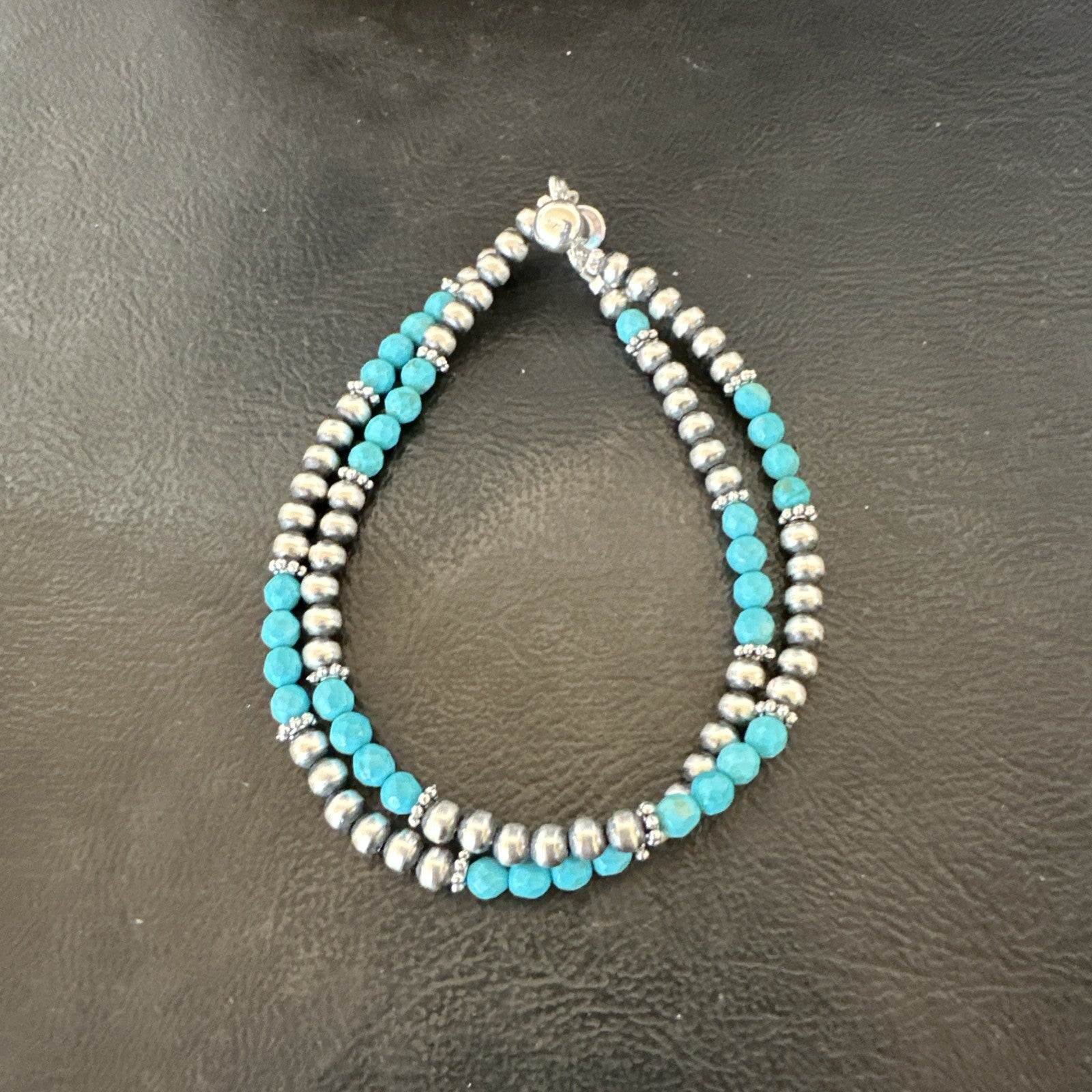 Blue Turquoise Faceted Bead Navajo Sterling Silver Beads Bracelet 7.5" 18999