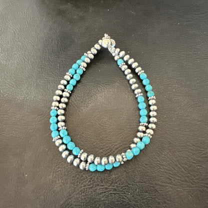 Blue Turquoise Faceted Bead Navajo Sterling Silver Beads Bracelet 7.5" 18999