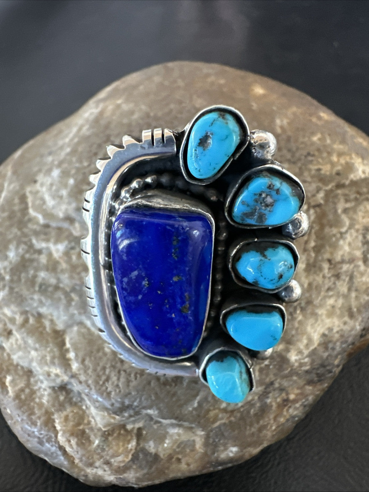 Navajo Cluster Lapis Kingman Turquoise Sterling Silver Ring Sz 8 18883