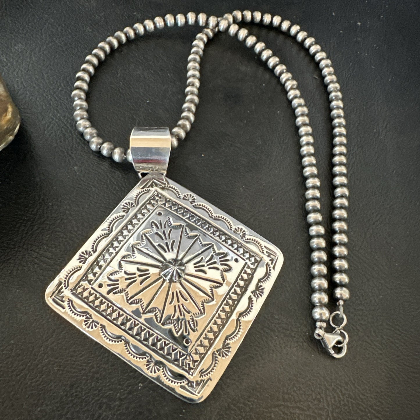 H Joe Handmade Stamped Pendant Navajo Sterling Silver Necklace 3.5" 18980