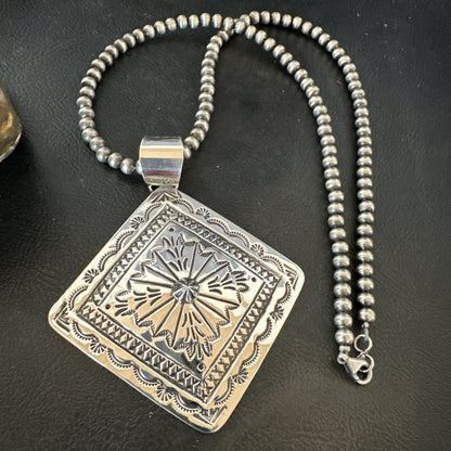 H Joe Handmade Stamped Pendant Navajo Sterling Silver Necklace 3.5" 18980