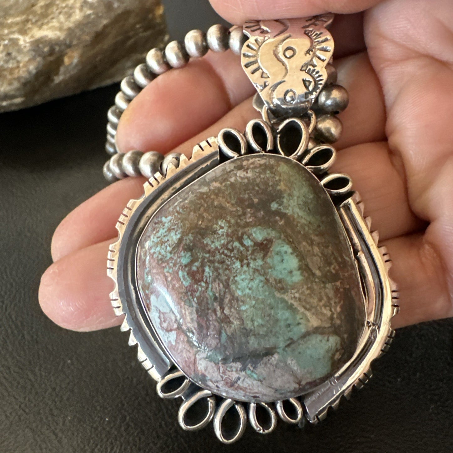 Yazzie Navajo Sterling Silver Blue Rustic Turquoise Necklace Pendant 2.75” 18998