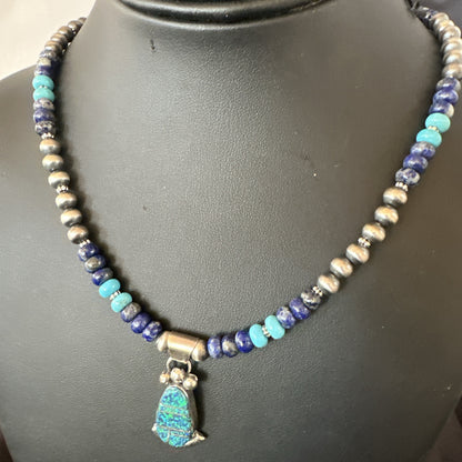 WoMens Opal Inlay Pendant Navajo Sterling Silver Blue Lapis Bead Necklace 18917