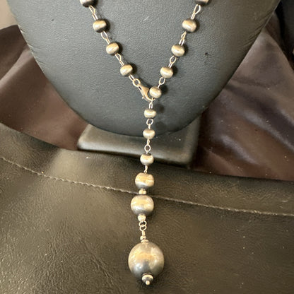 Y Rosary Bead Lariat Navajo Sterling Silver Beads Necklace 6mm 22" 18932