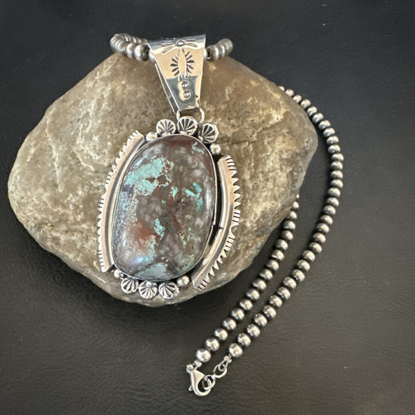 Yazzie Navajo Blue Rustic Turquoise Necklace Pendant 3" | Sterling Silver | Authentic Native American Handmade | 18997