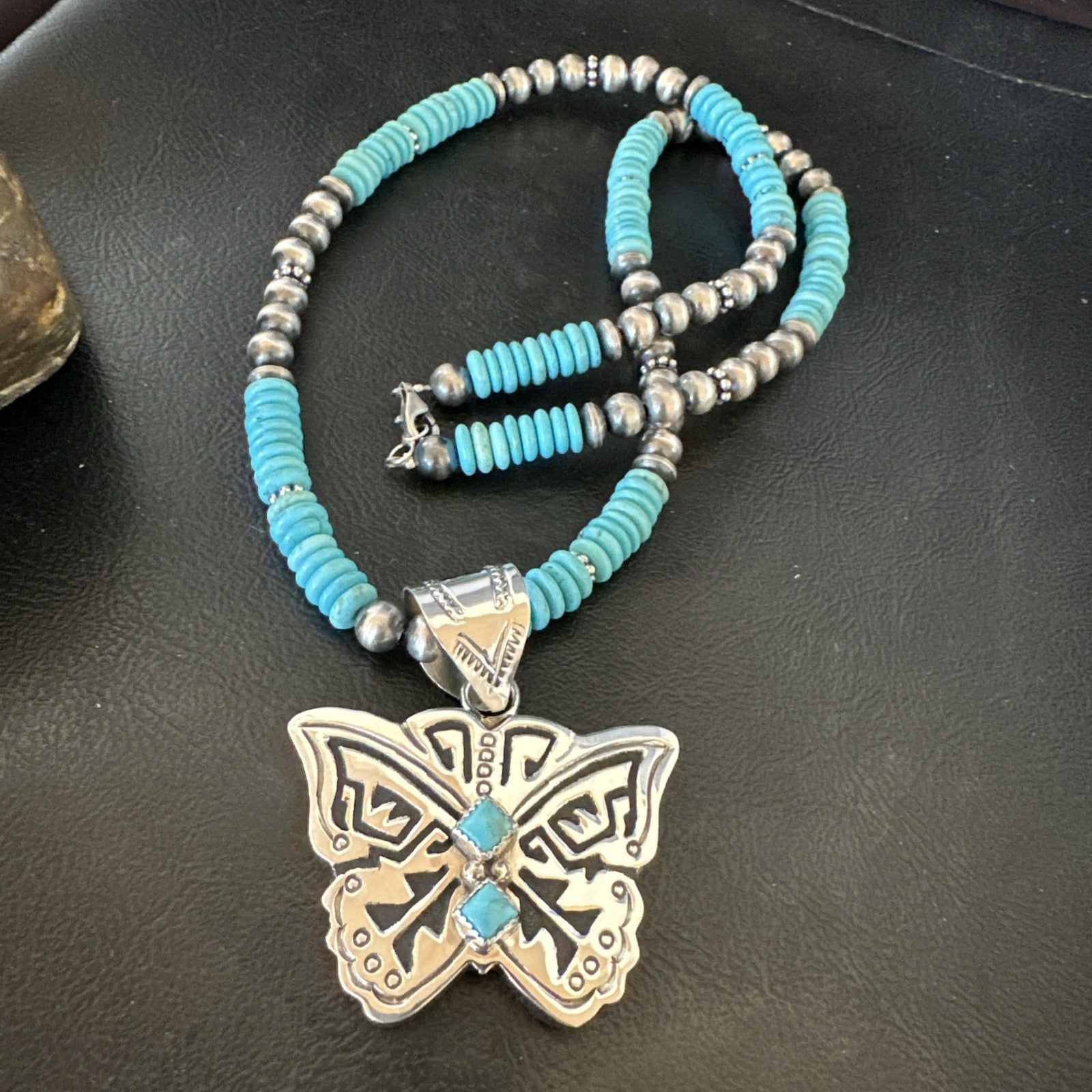 Butterfly Blue Turquoise Pendant Navajo Sterling Silver Necklace 24" 18904
