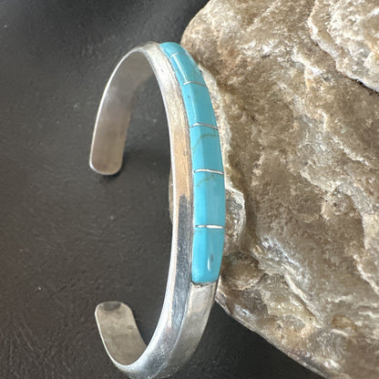 Old Pawn Blue Turquoise Navajo Sterling Silver Cuff Inlay Bracelet 18891