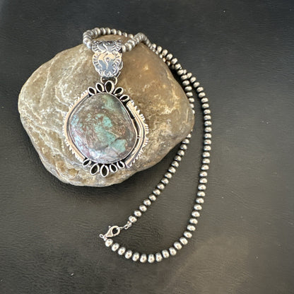 Yazzie Navajo Sterling Silver Blue Rustic Turquoise Necklace Pendant 2.75” 18998