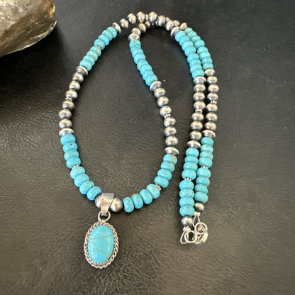 WoMens Blue Kingman Turquoise Pendant Navajo Sterling Silver Necklace 21" 18937