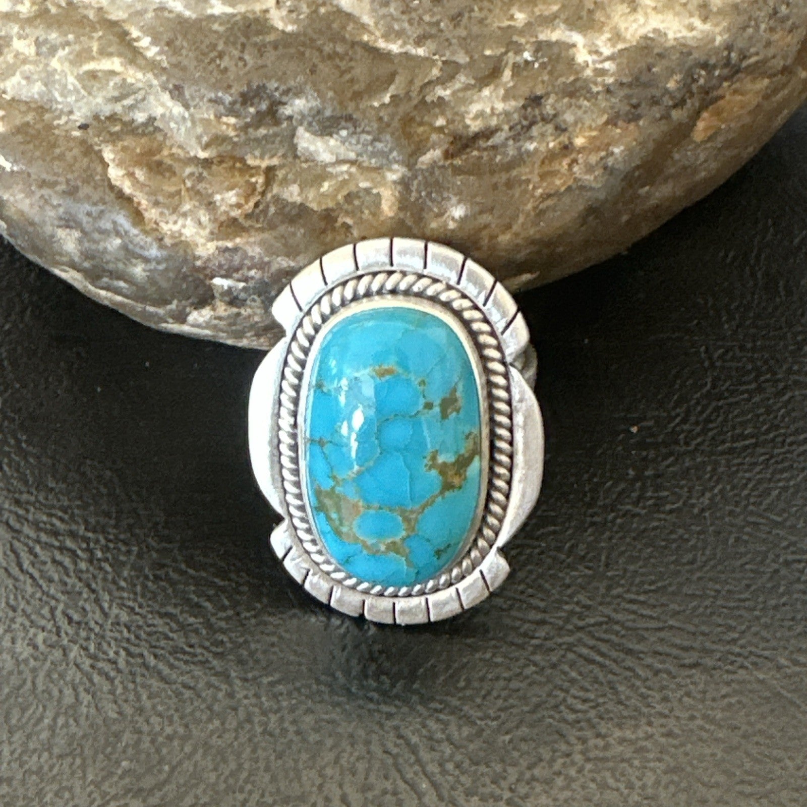 Navajo Sterling Silver Blue Kingman Turquoise Adjustable Ring Size 7 19005