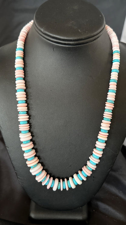 Pink Queen Conch Turquoise Graduated Navajo Sterling Silver Necklace 18944