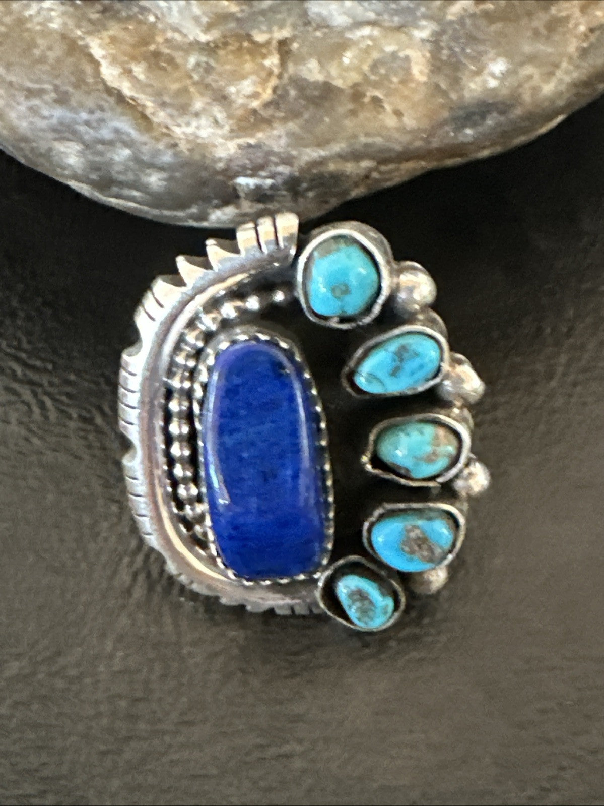 Navajo Cluster Lapis Kingman Turquoise Sterling Silver Ring Sz 9 18885
