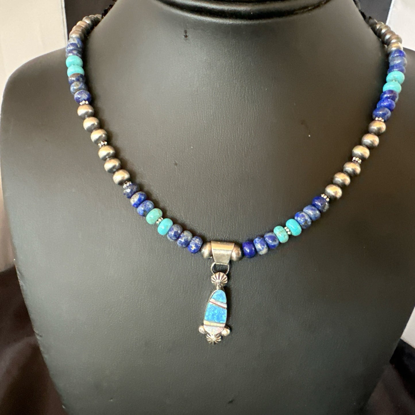 WoMens Opal Inlay Pendant Navajo Sterling Silver Blue Lapis Bead Necklace 18919