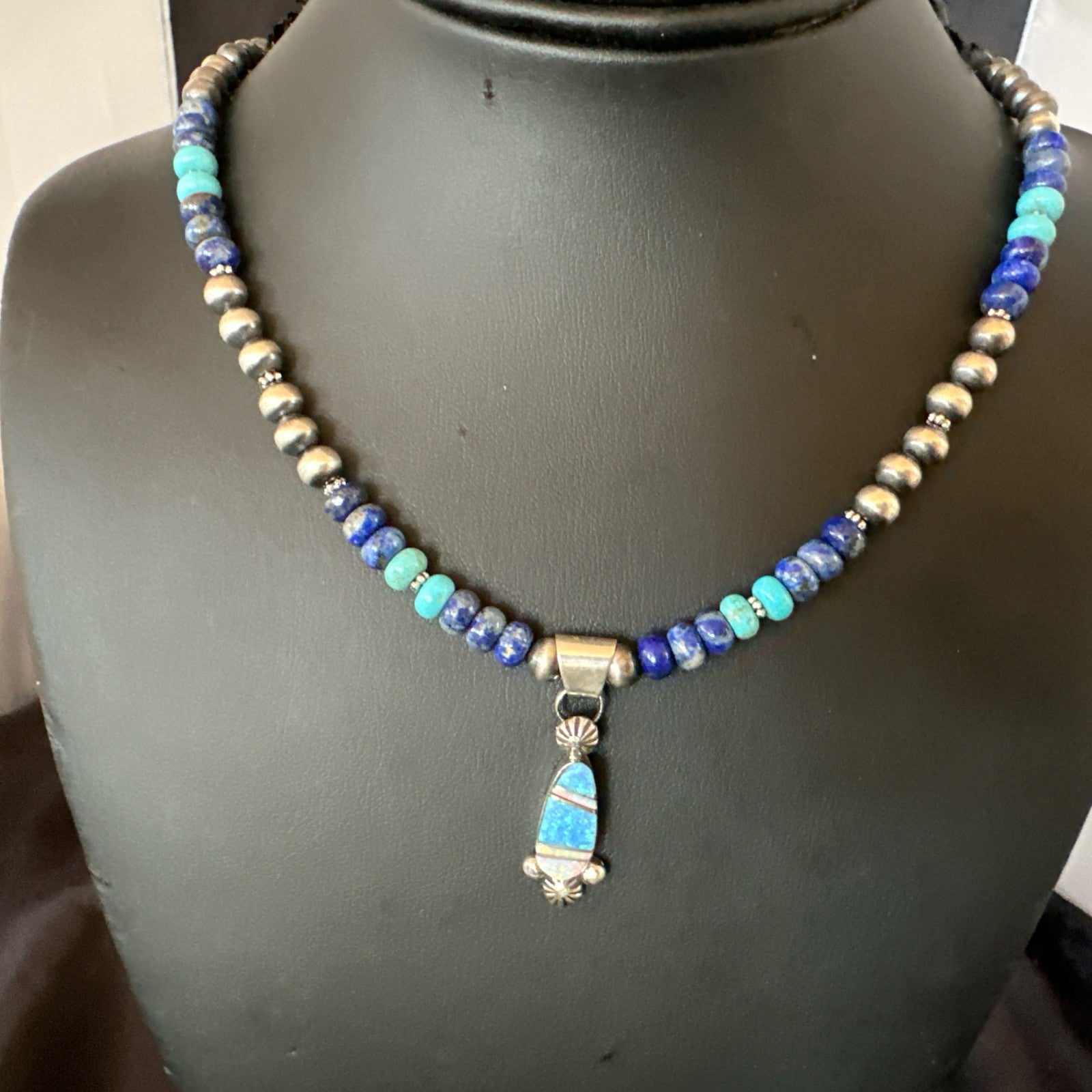 WoMens Opal Inlay Pendant Navajo Sterling Silver Blue Lapis Bead Necklace 18919