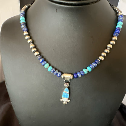 WoMens Opal Inlay Pendant Navajo Sterling Silver Blue Lapis Bead Necklace 18919
