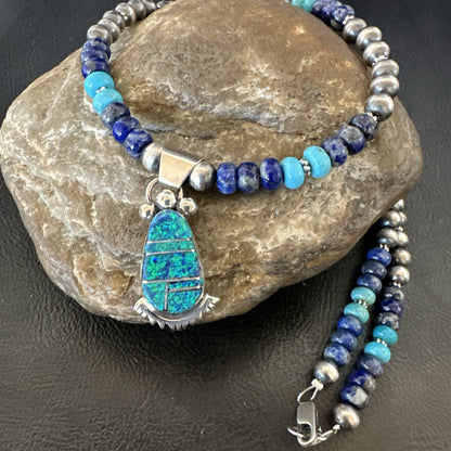 WoMens Opal Inlay Pendant Navajo Sterling Silver Blue Lapis Bead Necklace 18917