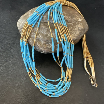 Gold Filled Blue Turquoise Heishi 10S Liquid Sterling Silver Necklace 24” 18909