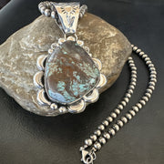 Navajo Green Rustic Turquoise Necklace Pendant 2.75" | Sterling Silver | Authentic Native American Handmade | 19012