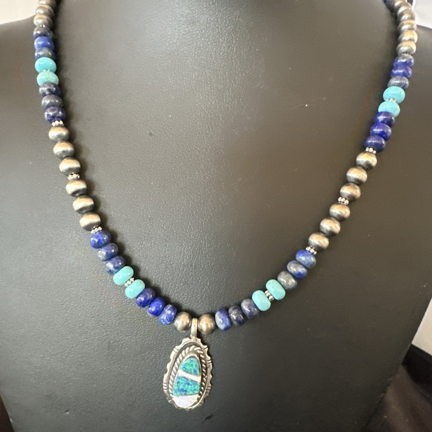 WoMens Opal Inlay Pendant Navajo Sterling Silver Blue Lapis Bead Necklace 18915