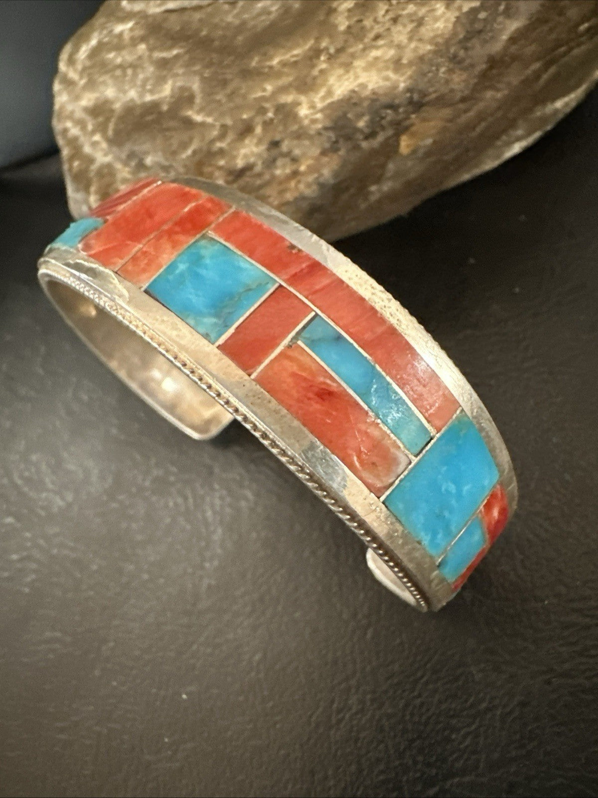 Blue Turquoise Spiny Oyster Zuni Sterling Silver Cuff Inlay Bracelet 7" 18994